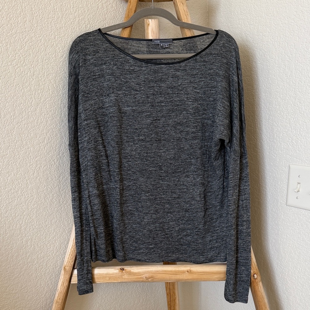 Vince Heathered Gray Linen Long Sleeve Top with 100% Leather Neckline Trim